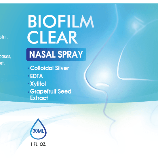 EDTA Nasal Spray 30ml bottle label showing complete formula with colloidal silver, EDTA, xylitol and grapefruit seed extract | Biofilm Clear Spray Nasal