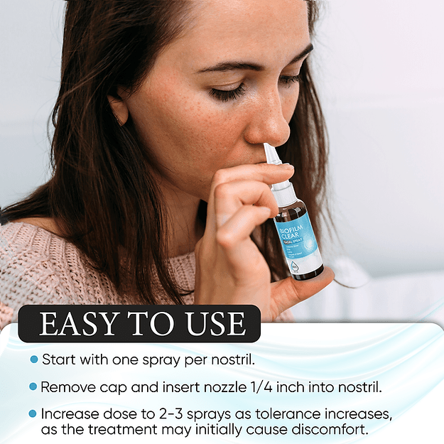 Easy to use EDTA Nasal Spray application guide showing proper dosage and step-by-step instructions for optimal treatment results | Biofilm Clear Spray Nasal